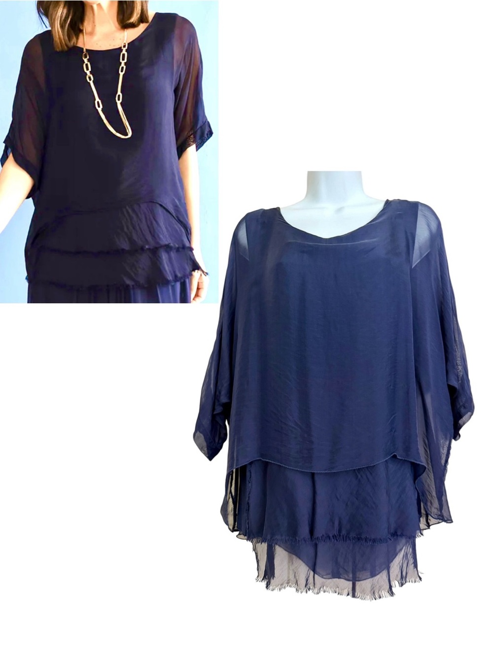 Made In Italy Navy Blue Silk Chiffon Blouse Tunic Top Size Medium Sheer Elegant